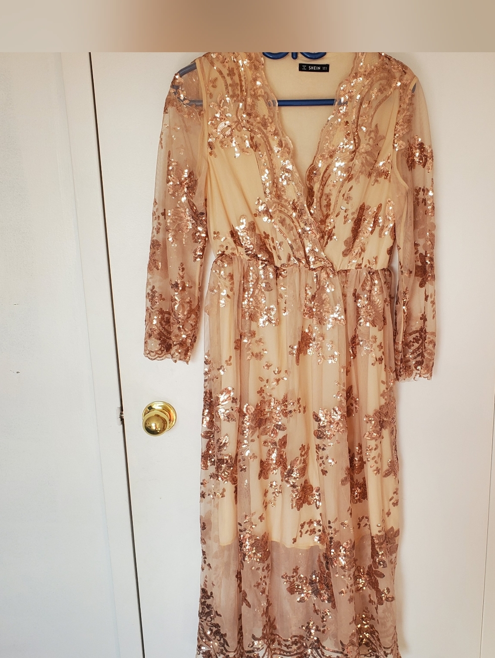 SHEIN Rose Gold Sequin Floral Mesh Dress